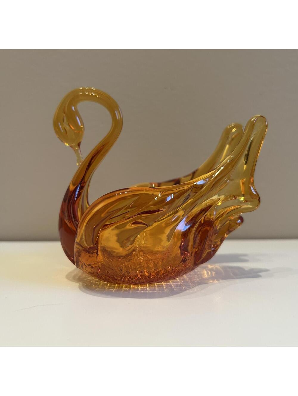 Vintage Amber Glass Swan Bowl Trinket Dish